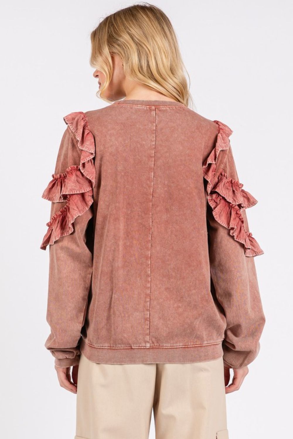 Mittoshop Ruffled Mineral Washed Round Neck Long Sleeve Sweatshirt - The Ruffled Bull Boutique
