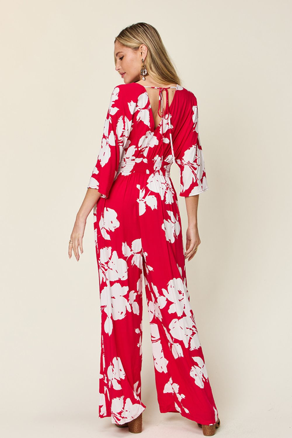 Double Take Full Size Printed Tie Back Wide Leg Jumpsuit - The Ruffled Bull Boutique