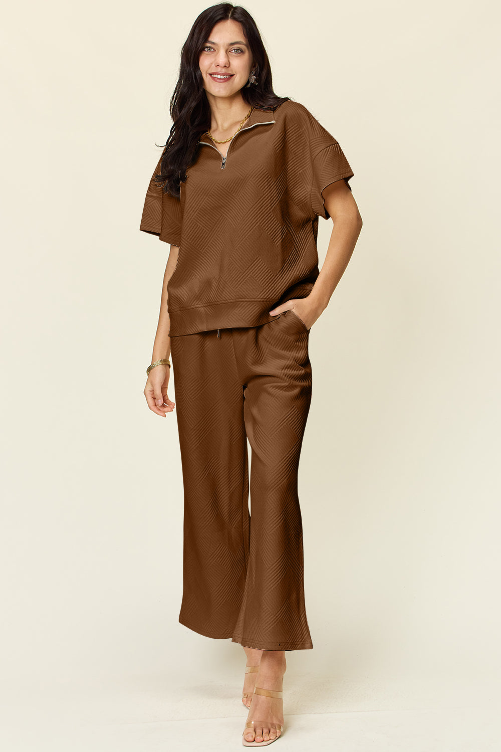 Double Take Full Size Texture Half Zip Short Sleeve Top and Pants Set - The Ruffled Bull Boutique