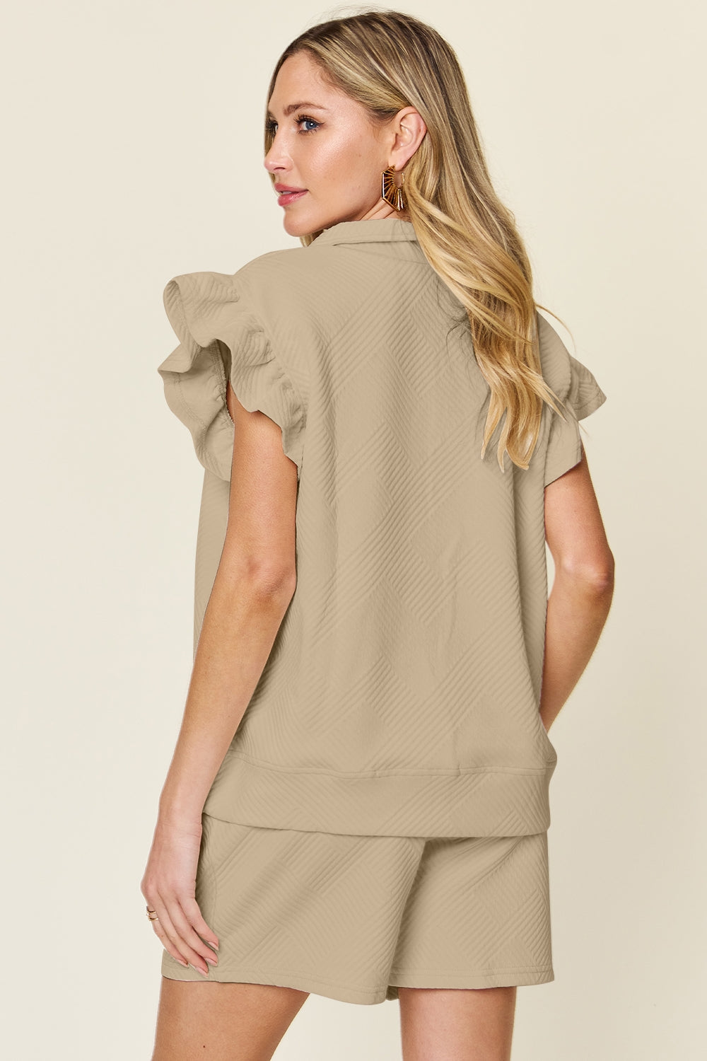 Double Take Full Size Texture Flounce Sleeve Top and Drawstring Shorts Set - The Ruffled Bull Boutique