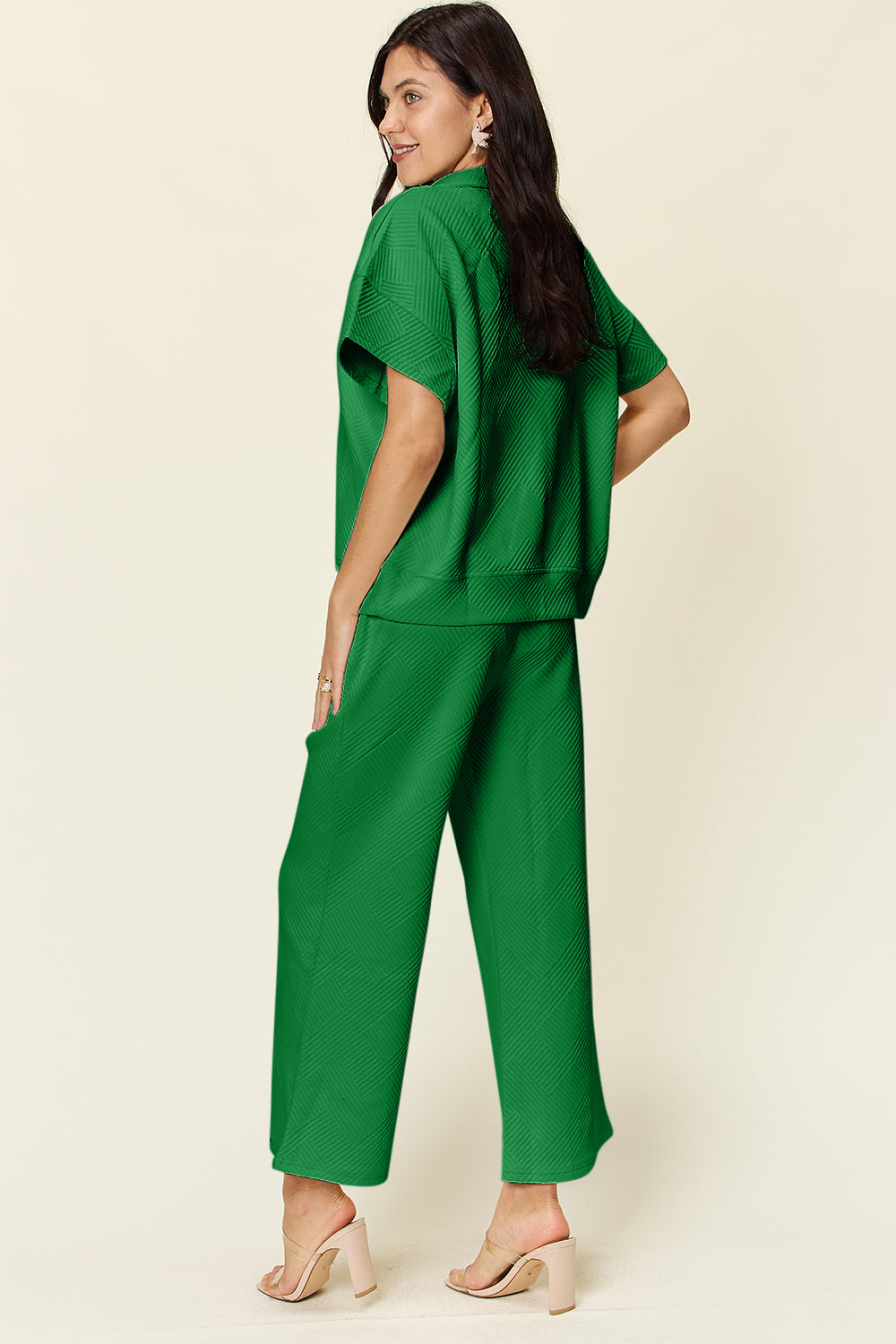 Double Take Full Size Texture Half Zip Short Sleeve Top and Pants Set - The Ruffled Bull Boutique
