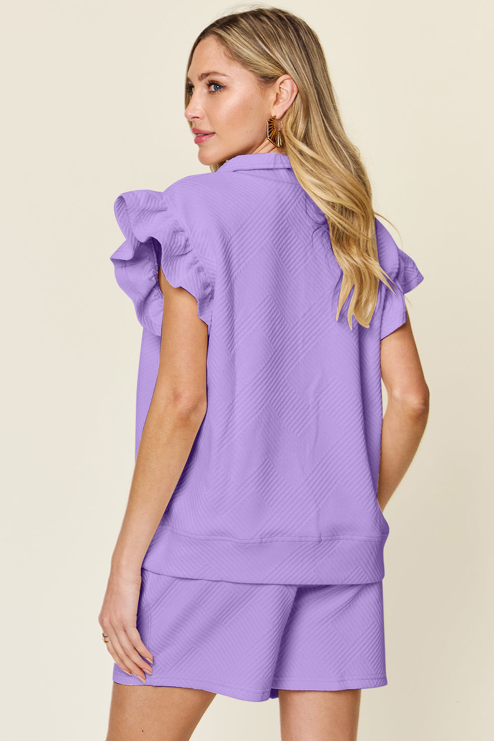 Double Take Full Size Texture Flounce Sleeve Top and Drawstring Shorts Set - The Ruffled Bull Boutique