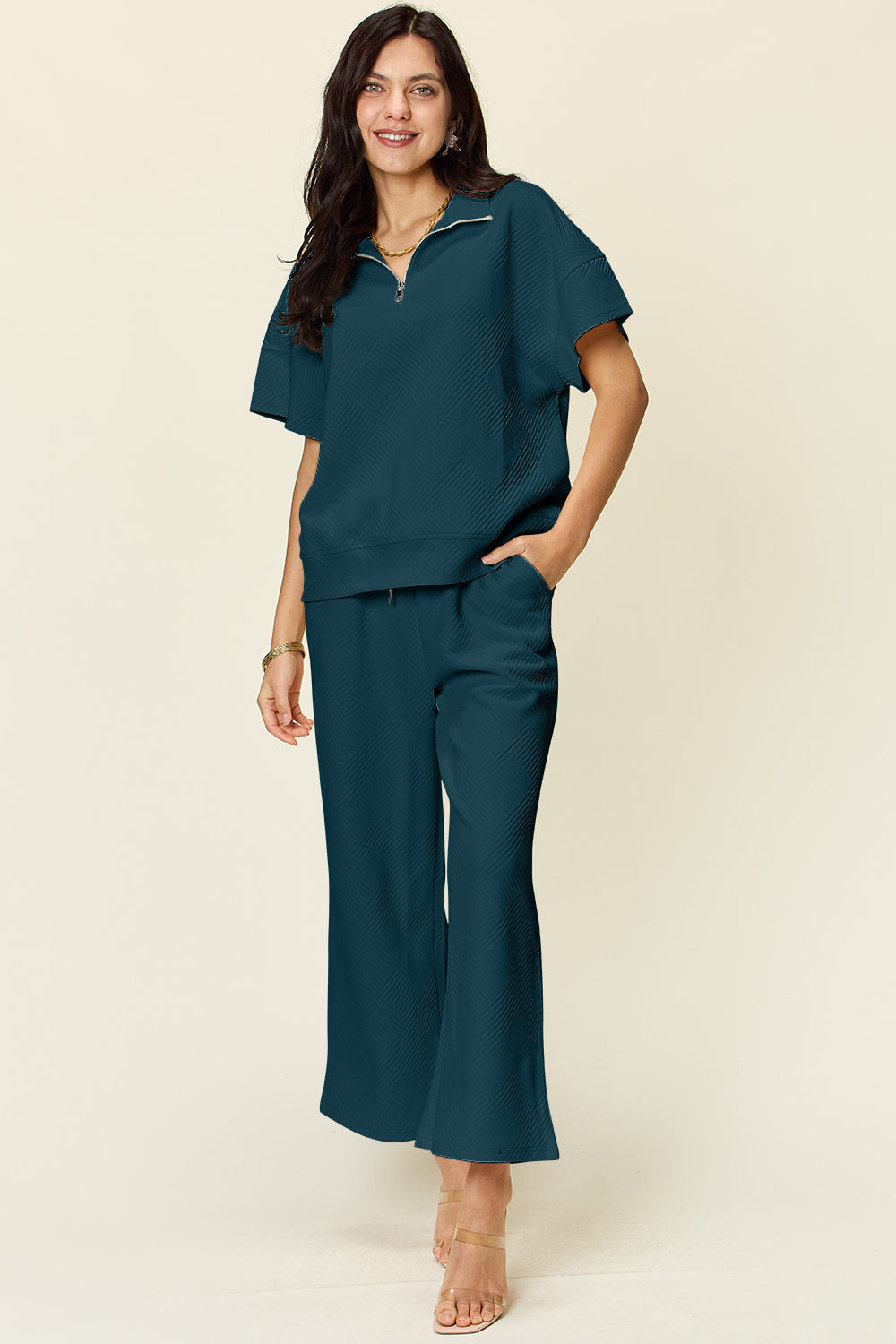 Double Take Full Size Texture Half Zip Short Sleeve Top and Pants Set - The Ruffled Bull Boutique