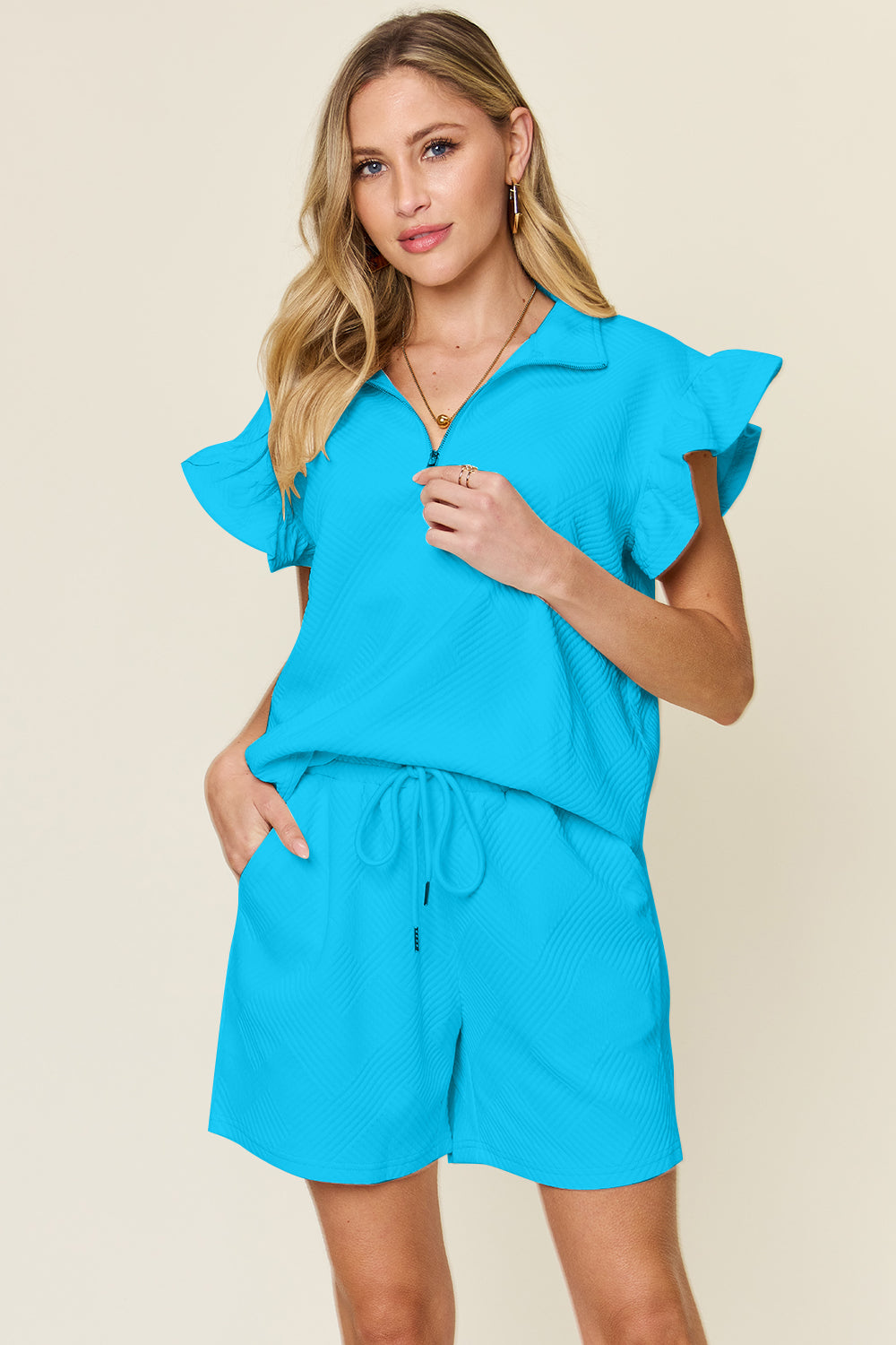 Double Take Full Size Texture Flounce Sleeve Top and Drawstring Shorts Set - The Ruffled Bull Boutique