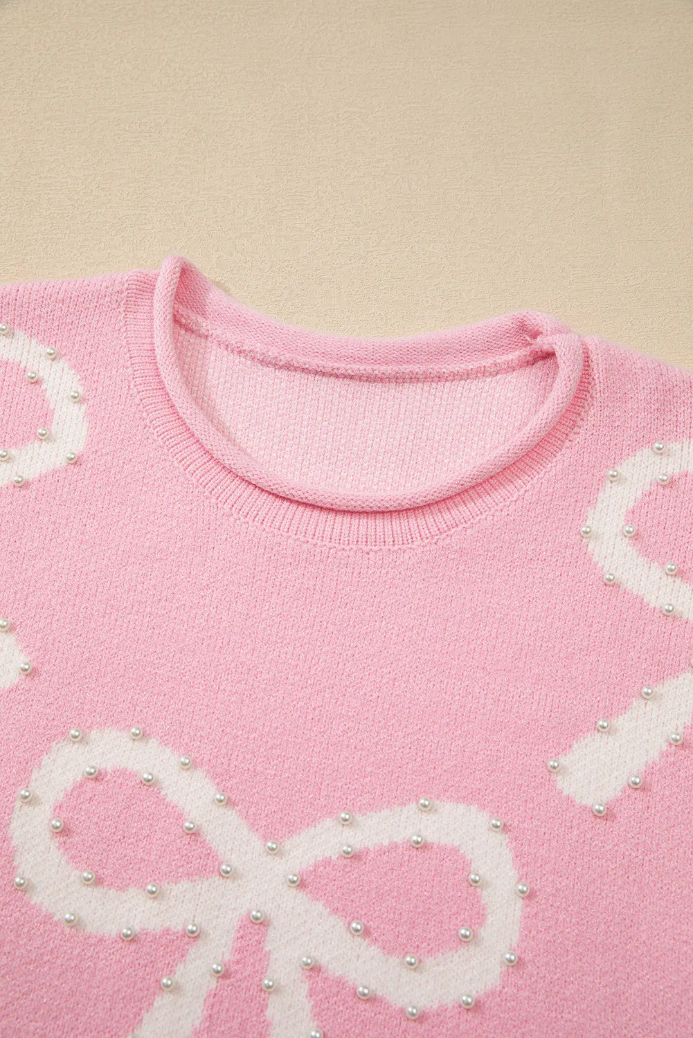 Pearl Detail Bow Round Neck Long Sleeve Sweater - The Ruffled Bull Boutique