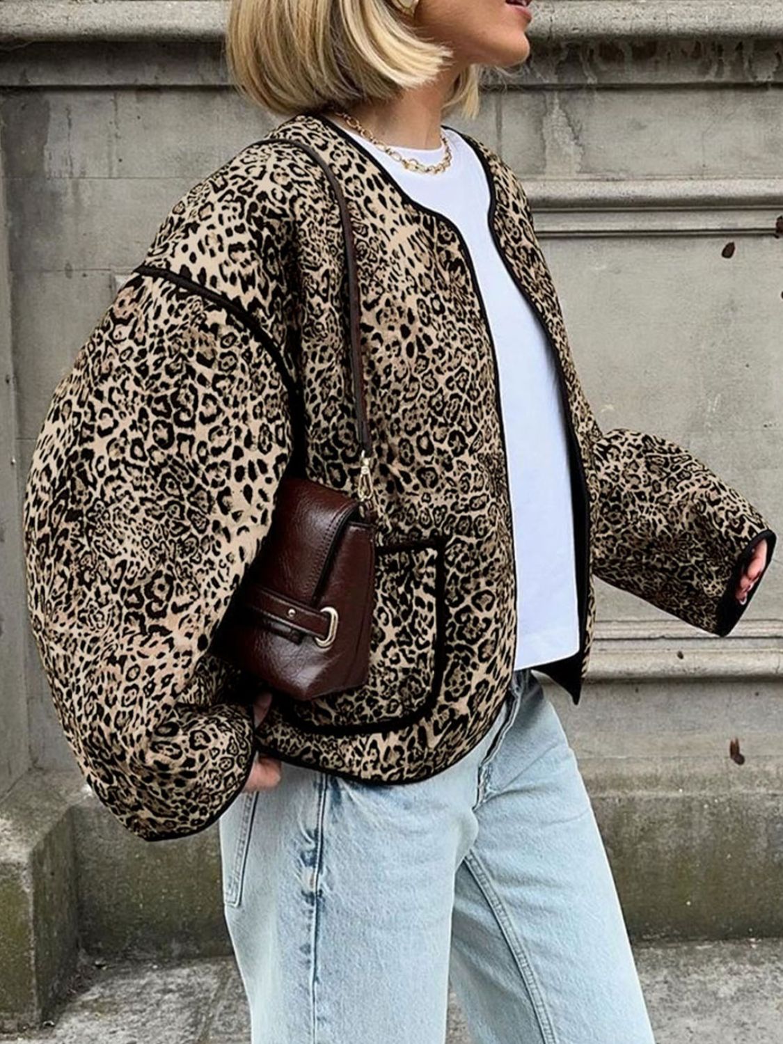 Perfee Leopard Open Front Long Sleeve Jacket - The Ruffled Bull Boutique