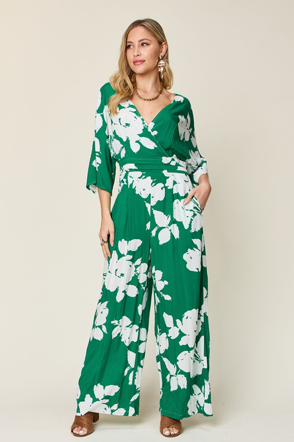 Double Take Full Size Printed Tie Back Wide Leg Jumpsuit - The Ruffled Bull Boutique