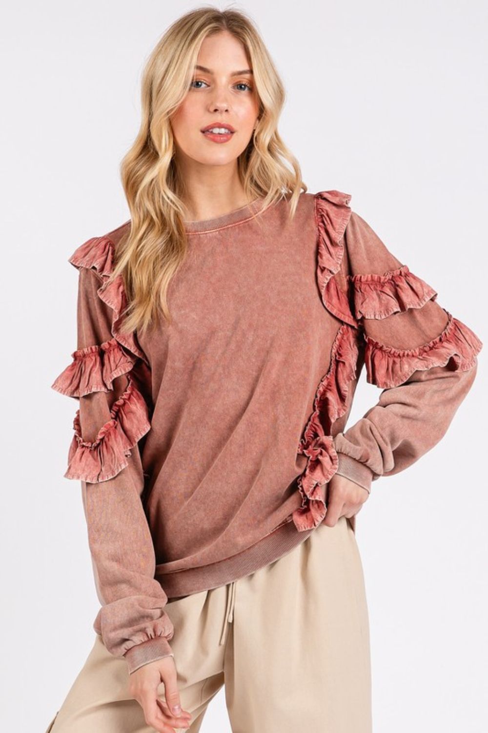 Mittoshop Ruffled Mineral Washed Round Neck Long Sleeve Sweatshirt - The Ruffled Bull Boutique