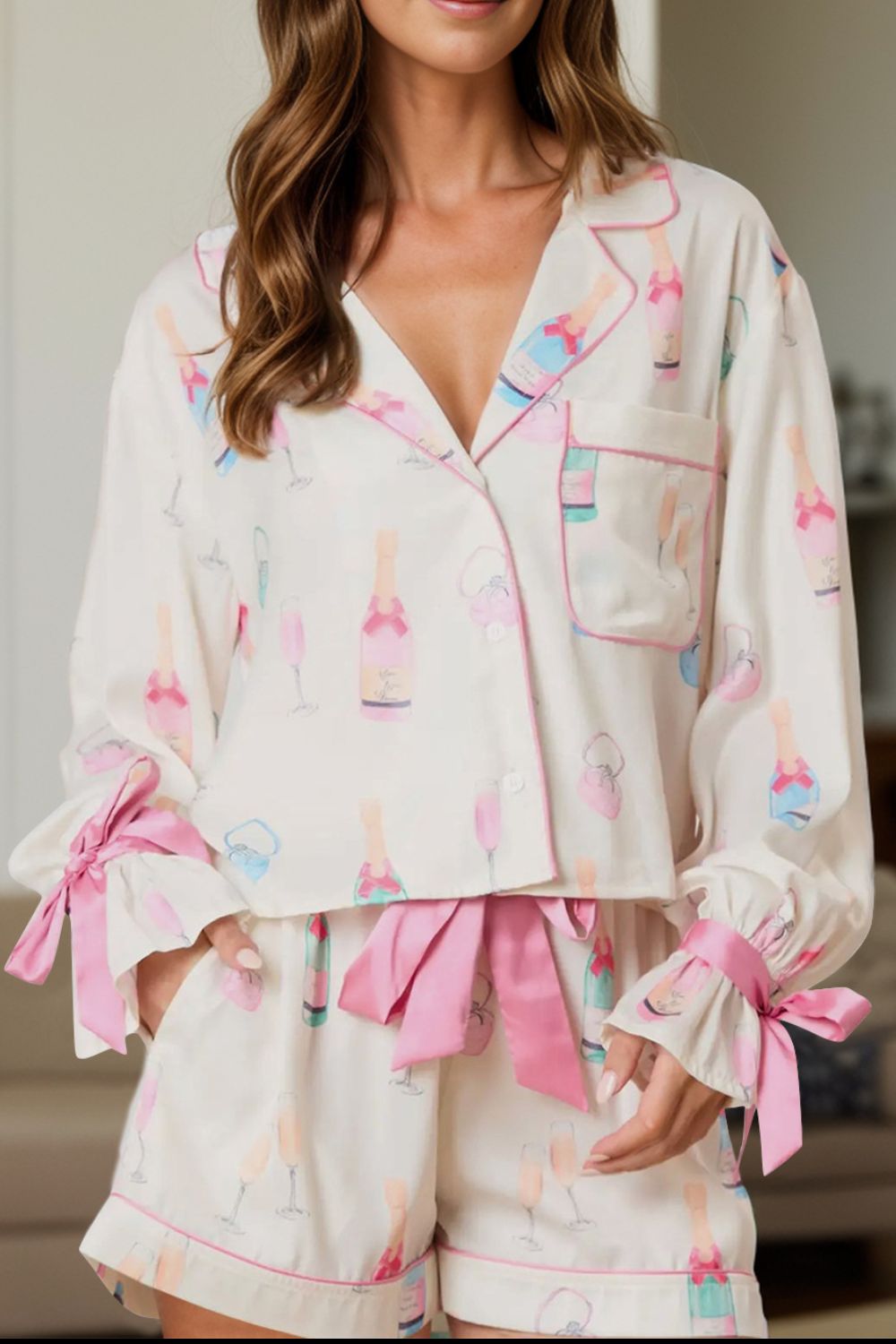 Bow Printed Collared Neck Top and Drawstring Shorts Lounge Set - The Ruffled Bull Boutique