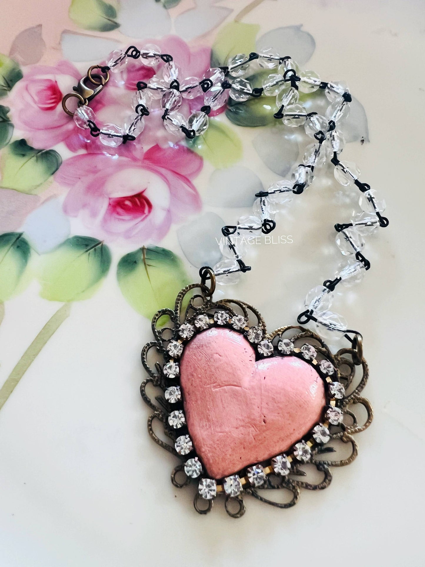 Pink Distressed Clay Heart Filigree Necklace - The Ruffled Bull Boutique