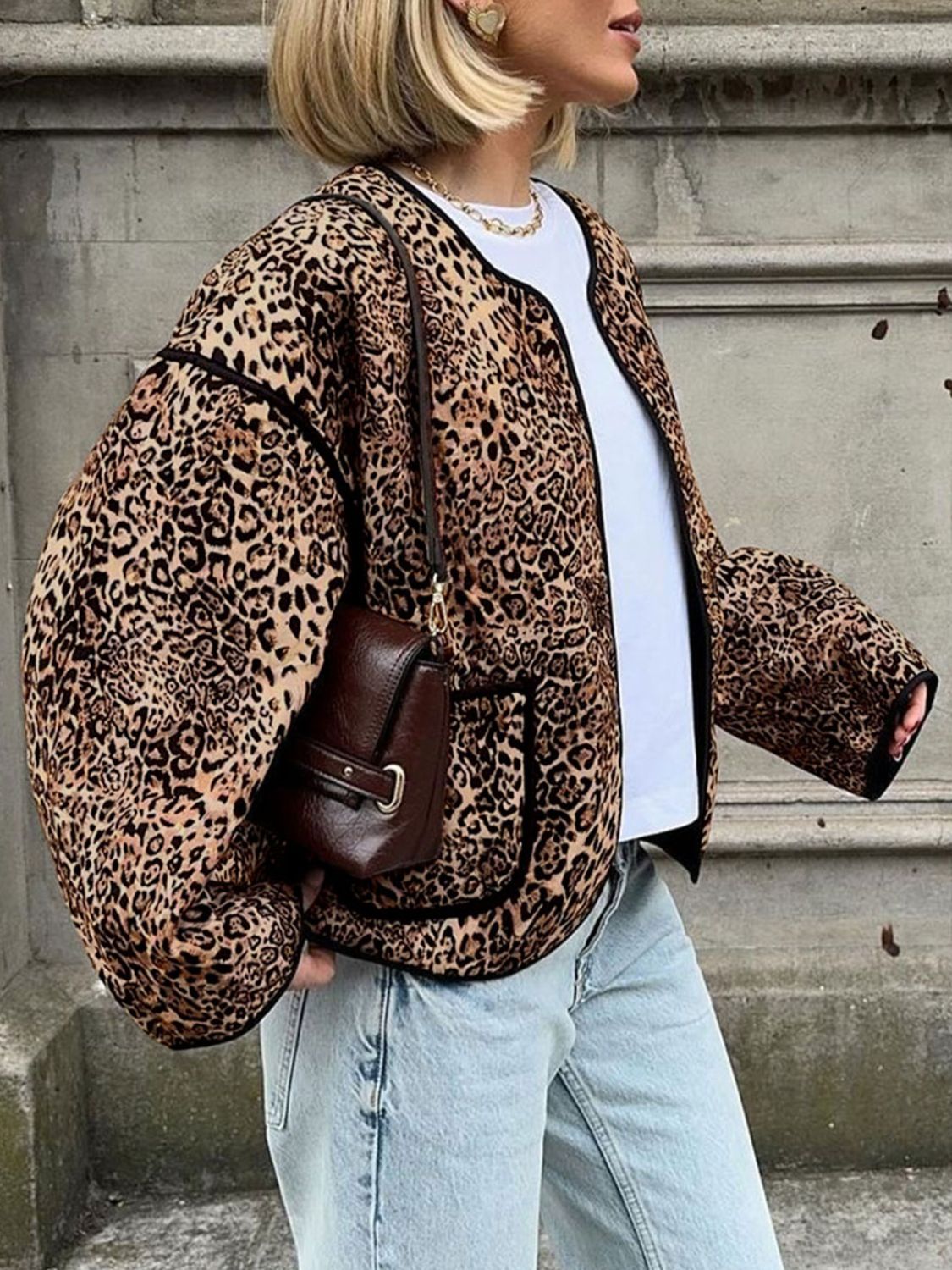 Perfee Leopard Open Front Long Sleeve Jacket - The Ruffled Bull Boutique