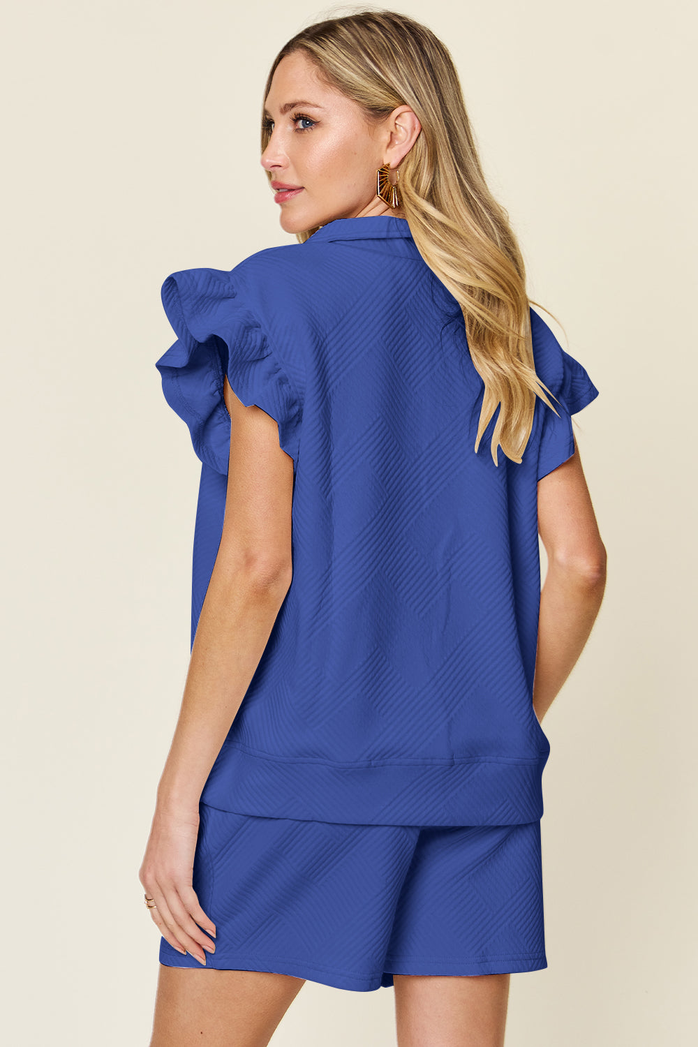 Double Take Full Size Texture Flounce Sleeve Top and Drawstring Shorts Set - The Ruffled Bull Boutique