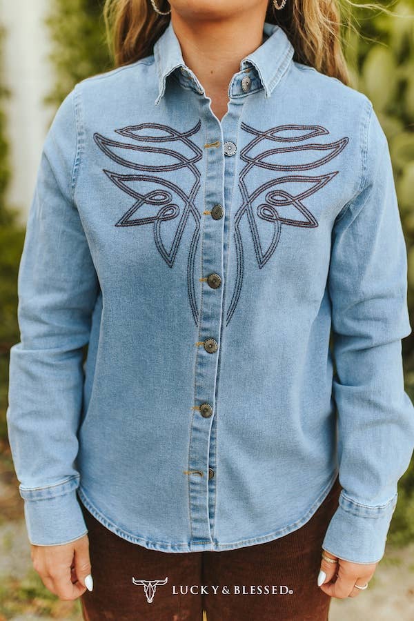 Light Wash Stretch Denim W Brown Boot Stitch Shirt - The Ruffled Bull Boutique