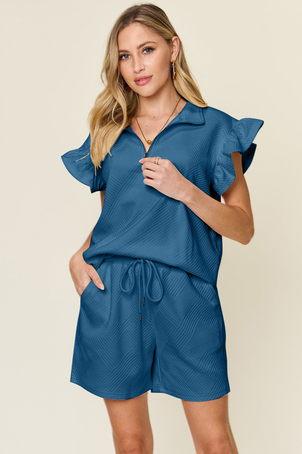 Double Take Full Size Texture Flounce Sleeve Top and Drawstring Shorts Set - The Ruffled Bull Boutique