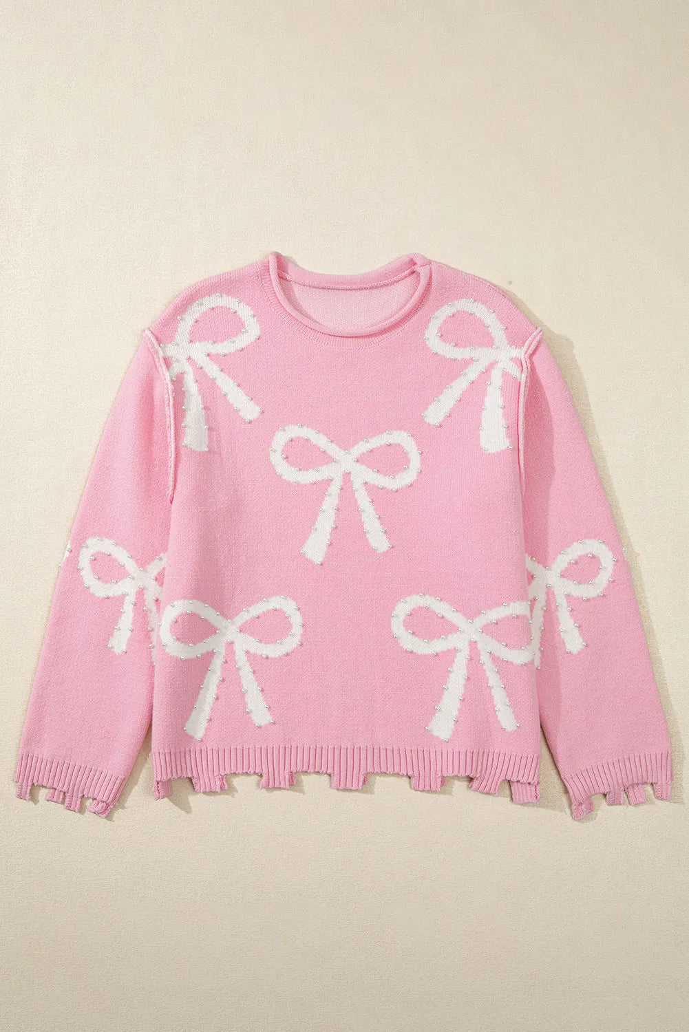 Pearl Detail Bow Round Neck Long Sleeve Sweater - The Ruffled Bull Boutique