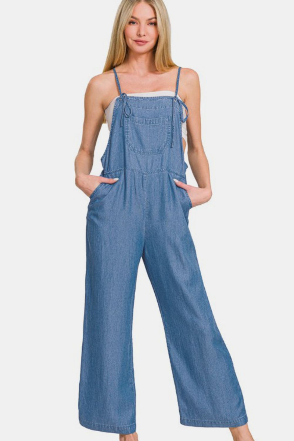 Zenana Washed Adjustable Strap Wide Leg Denim Overalls - The Ruffled Bull Boutique