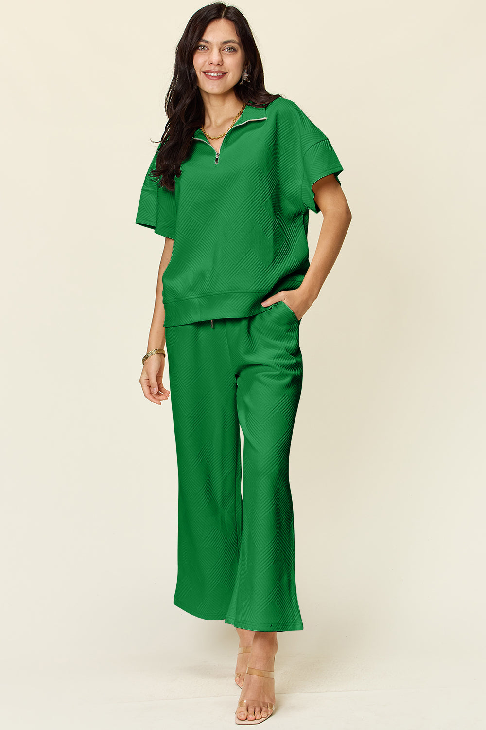 Double Take Full Size Texture Half Zip Short Sleeve Top and Pants Set - The Ruffled Bull Boutique