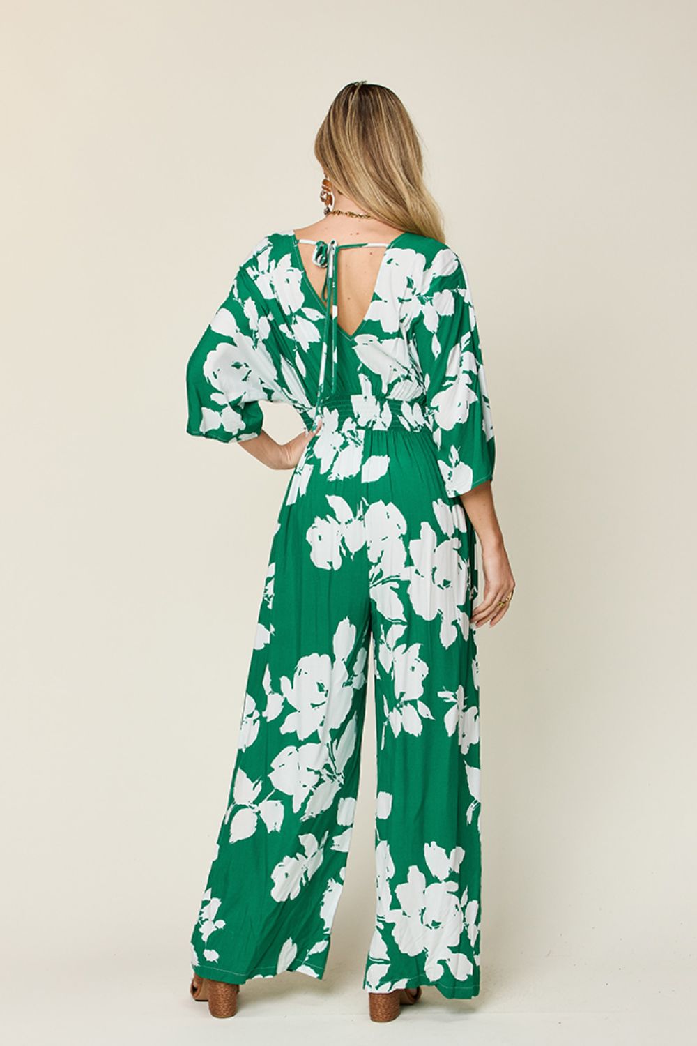 Double Take Full Size Printed Tie Back Wide Leg Jumpsuit - The Ruffled Bull Boutique