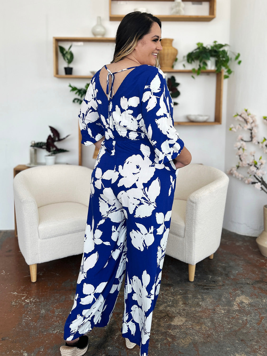 Double Take Full Size Printed Tie Back Wide Leg Jumpsuit - The Ruffled Bull Boutique