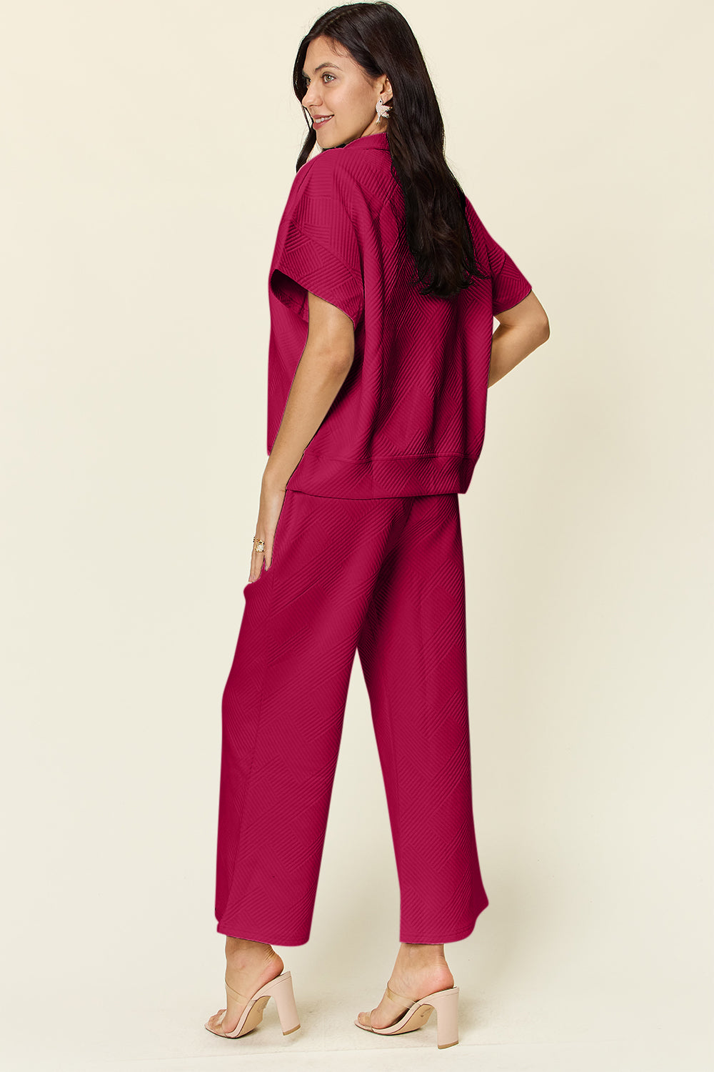 Double Take Full Size Texture Half Zip Short Sleeve Top and Pants Set - The Ruffled Bull Boutique