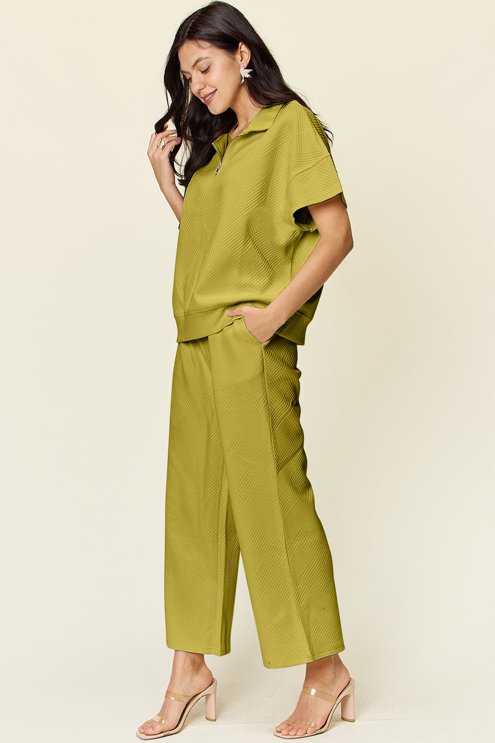 Double Take Full Size Texture Half Zip Short Sleeve Top and Pants Set - The Ruffled Bull Boutique