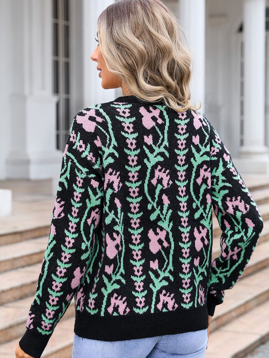 Angel Wings Flower Round Neck Long Sleeve Sweater - The Ruffled Bull Boutique