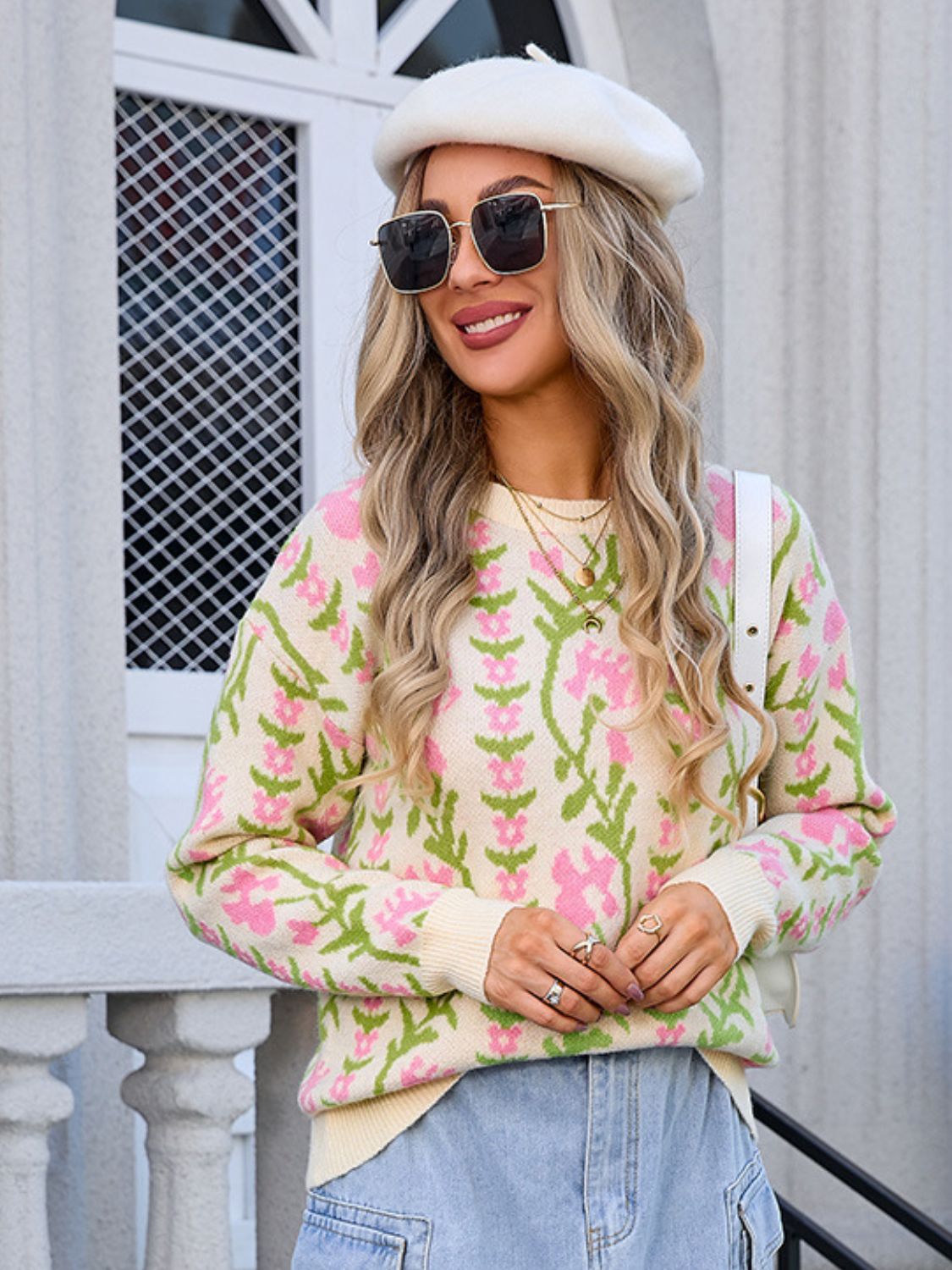 Angel Wings Flower Round Neck Long Sleeve Sweater - The Ruffled Bull Boutique