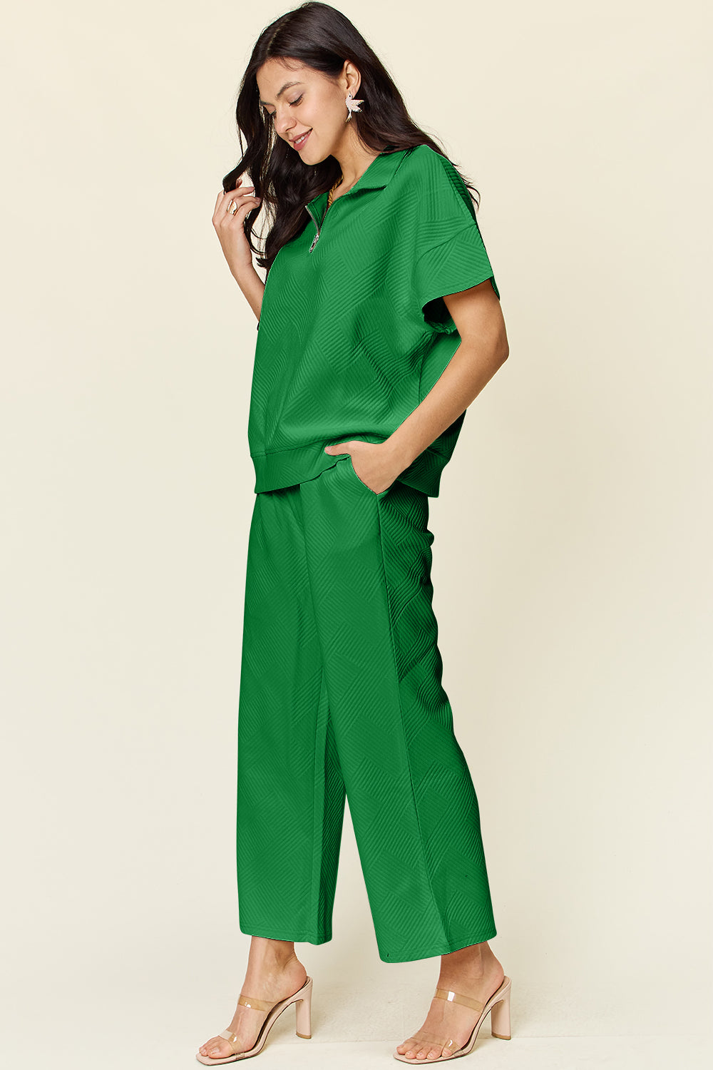 Double Take Full Size Texture Half Zip Short Sleeve Top and Pants Set - The Ruffled Bull Boutique