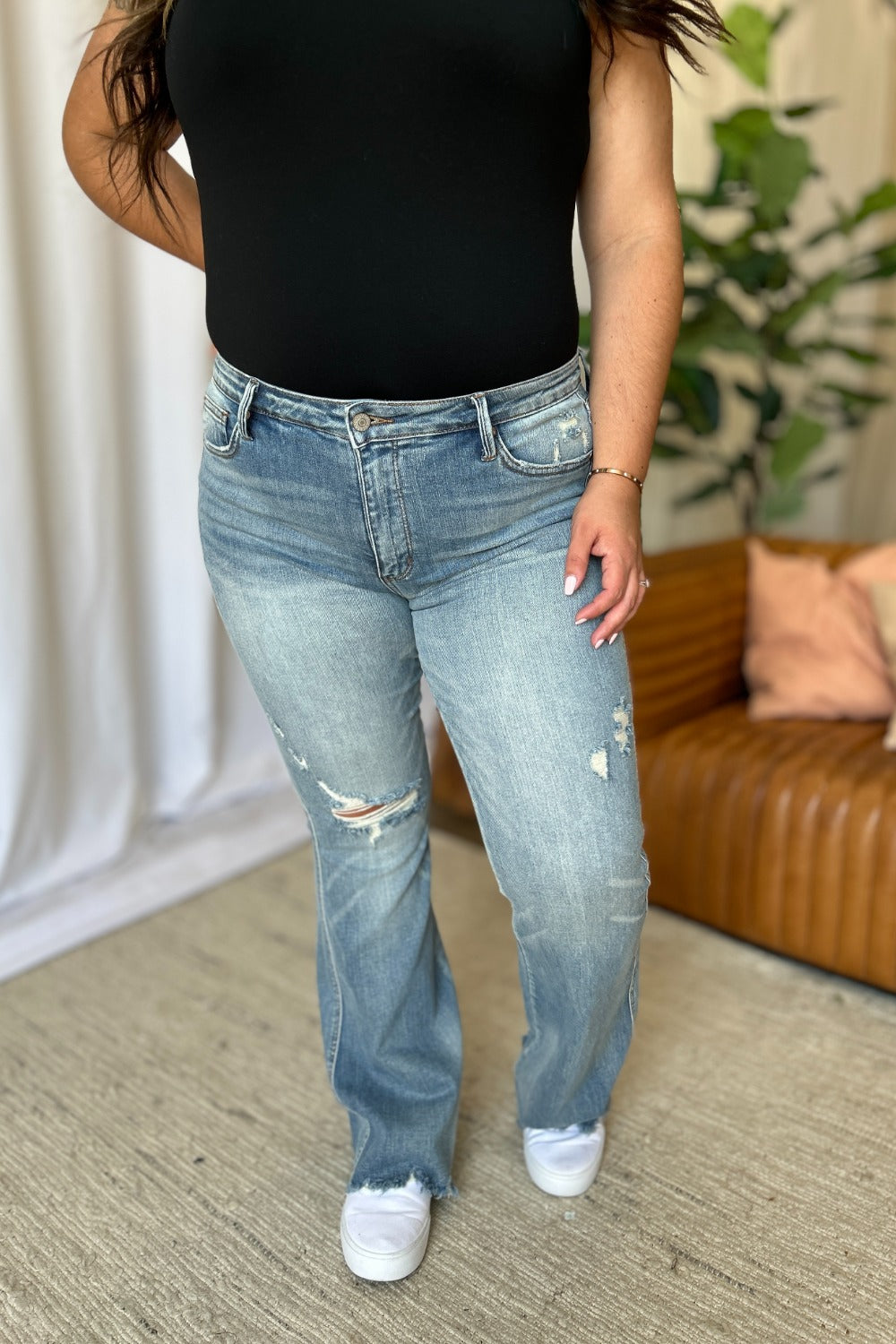 Judy Blue Full Size Medium Rise Tummy Control Destroy Flare - The Ruffled Bull Boutique