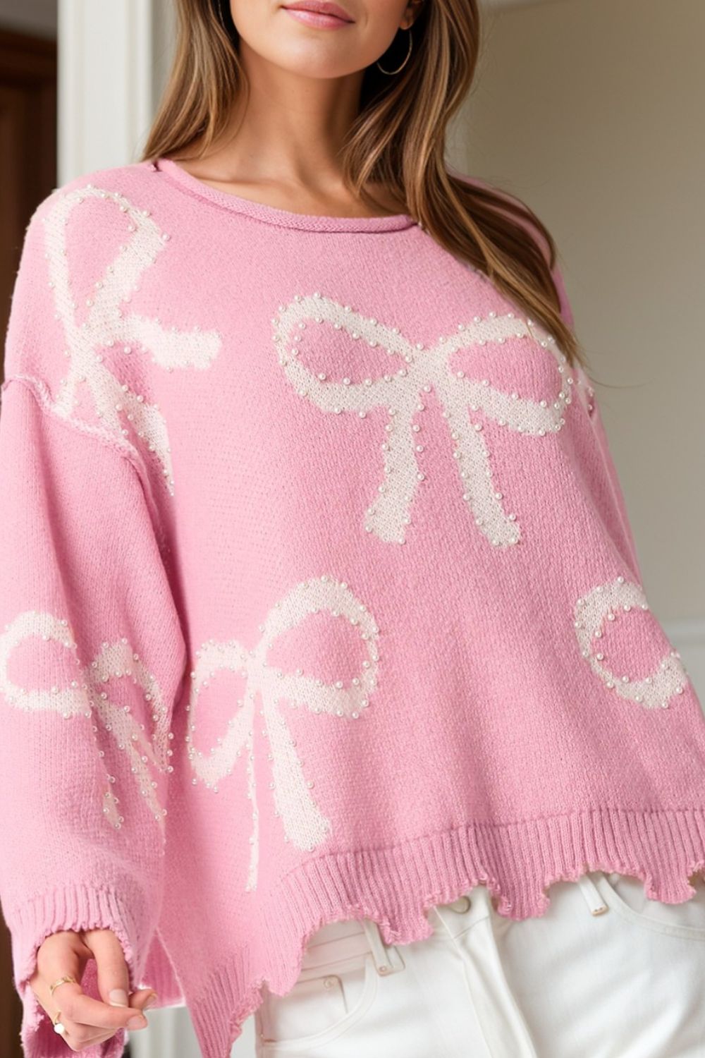 Pearl Detail Bow Round Neck Long Sleeve Sweater - The Ruffled Bull Boutique