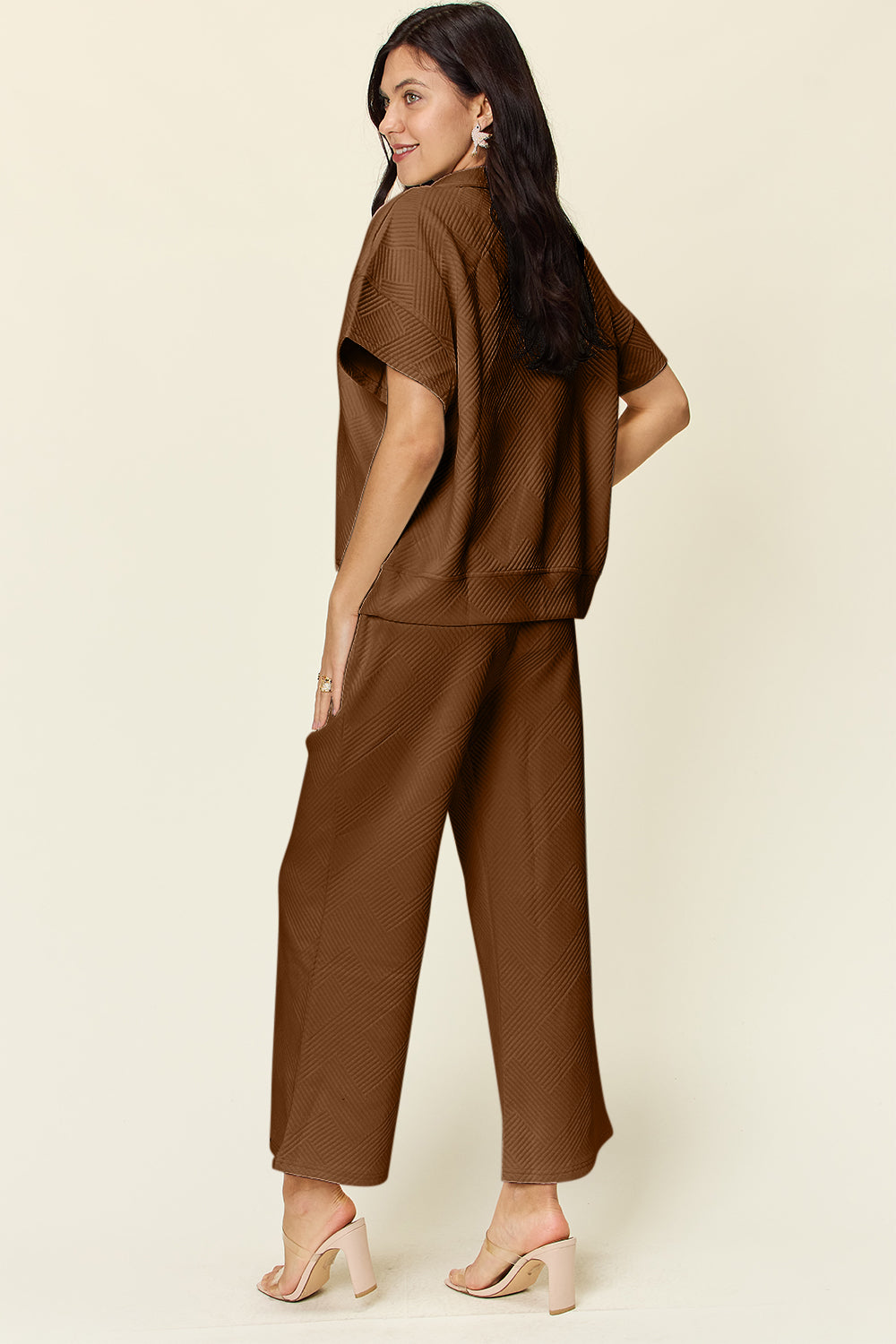 Double Take Full Size Texture Half Zip Short Sleeve Top and Pants Set - The Ruffled Bull Boutique