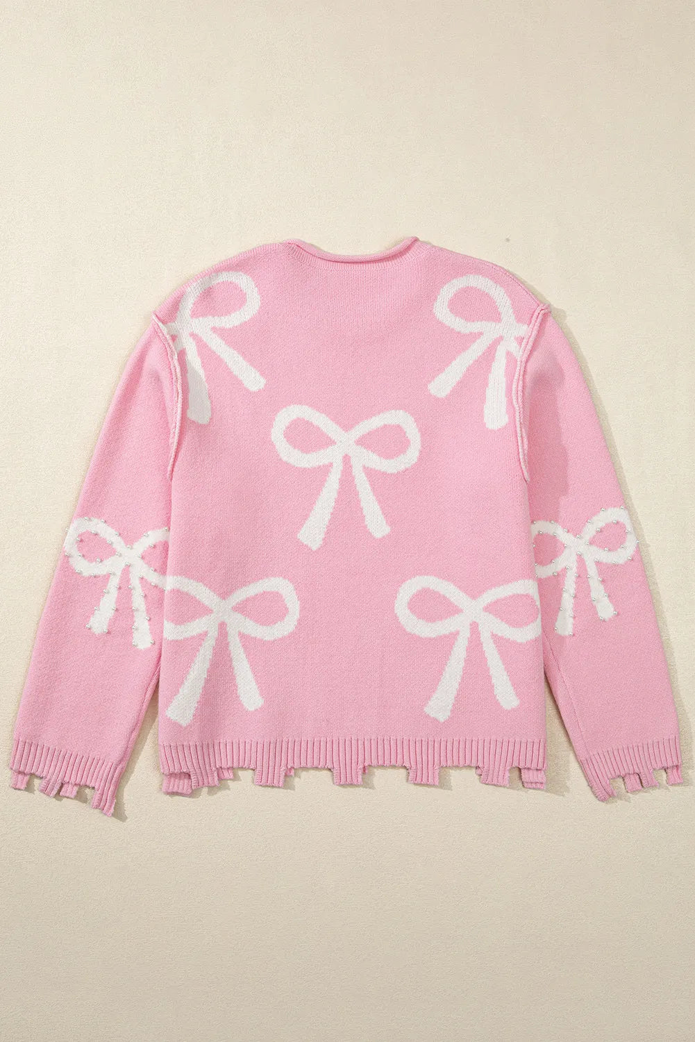 Pearl Detail Bow Round Neck Long Sleeve Sweater - The Ruffled Bull Boutique