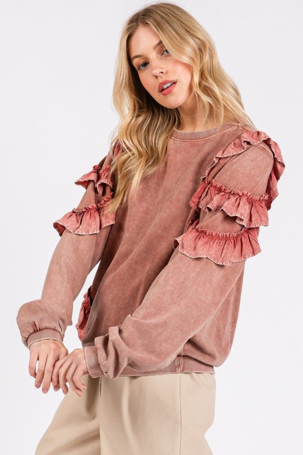 Mittoshop Ruffled Mineral Washed Round Neck Long Sleeve Sweatshirt - The Ruffled Bull Boutique