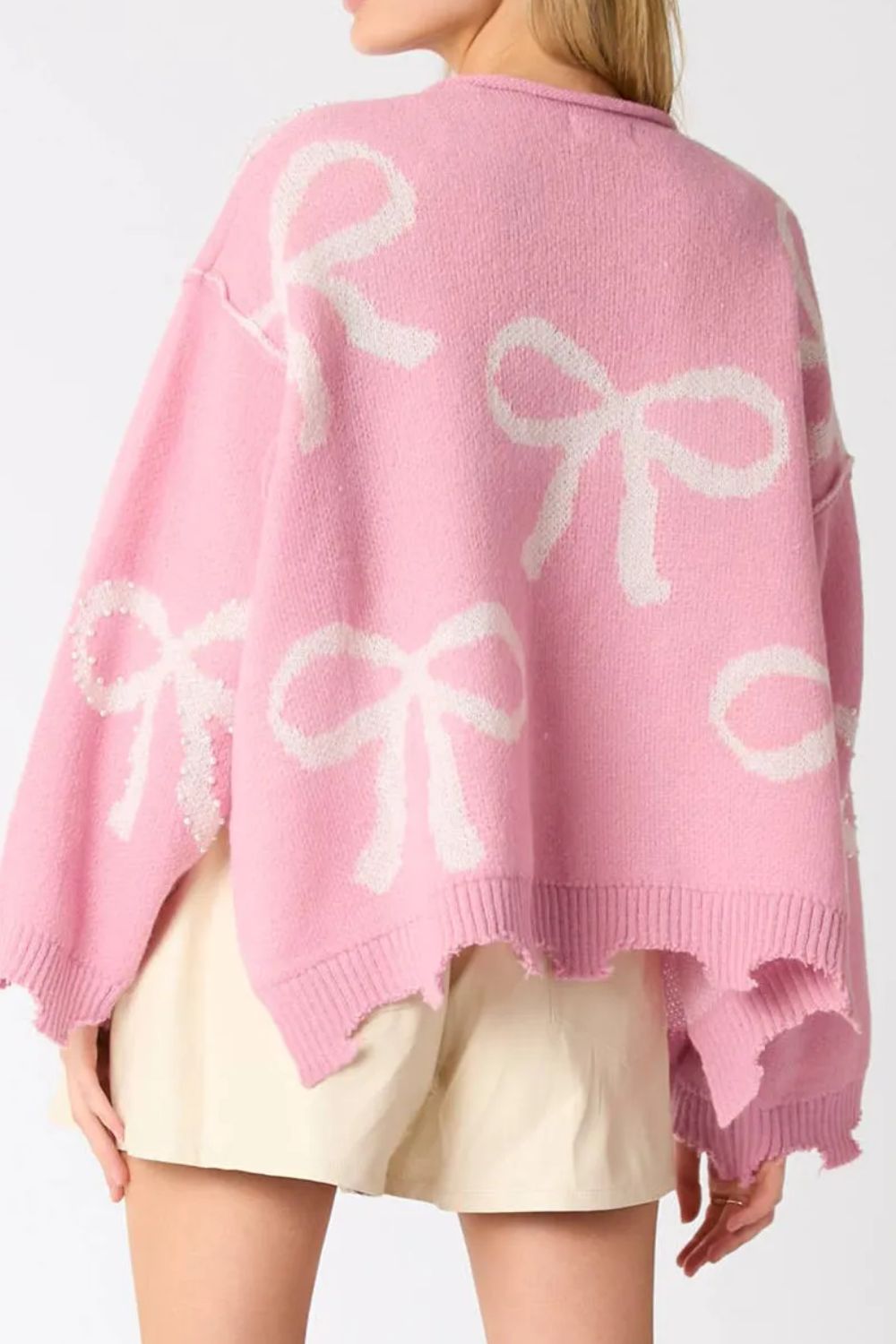 Pearl Detail Bow Round Neck Long Sleeve Sweater - The Ruffled Bull Boutique
