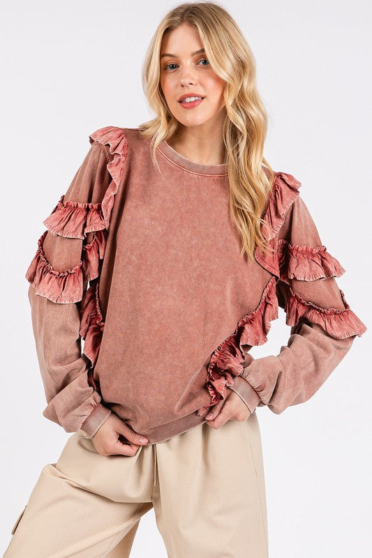 Mittoshop Ruffled Mineral Washed Round Neck Long Sleeve Sweatshirt - The Ruffled Bull Boutique