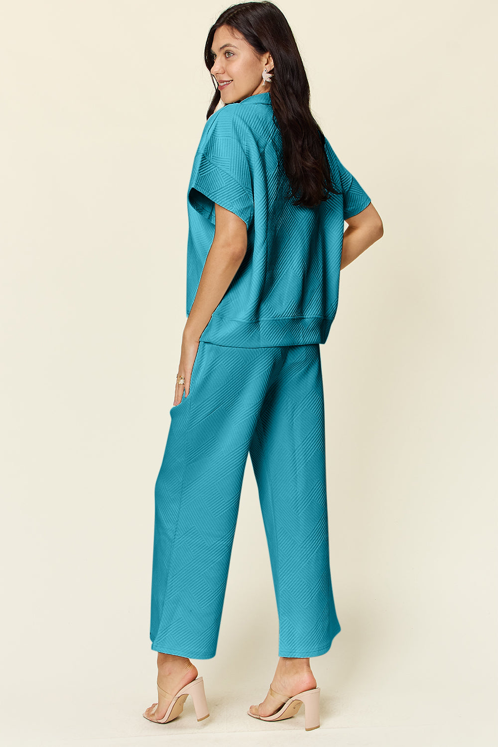 Double Take Full Size Texture Half Zip Short Sleeve Top and Pants Set - The Ruffled Bull Boutique