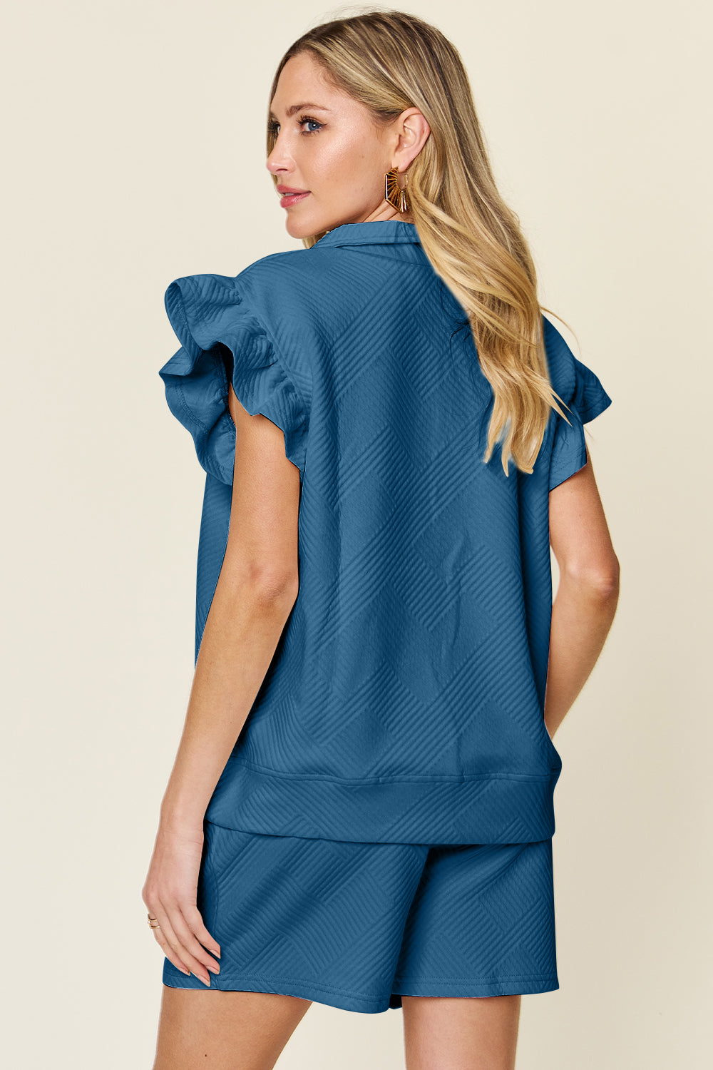 Double Take Full Size Texture Flounce Sleeve Top and Drawstring Shorts Set - The Ruffled Bull Boutique