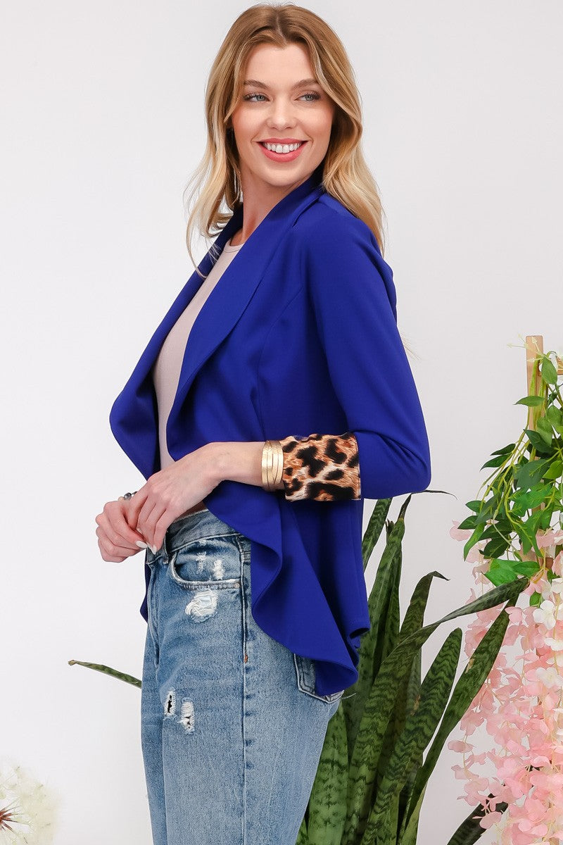 Celeste Full Size Rolled Leopard Cuff Open Front Blazer - The Ruffled Bull Boutique