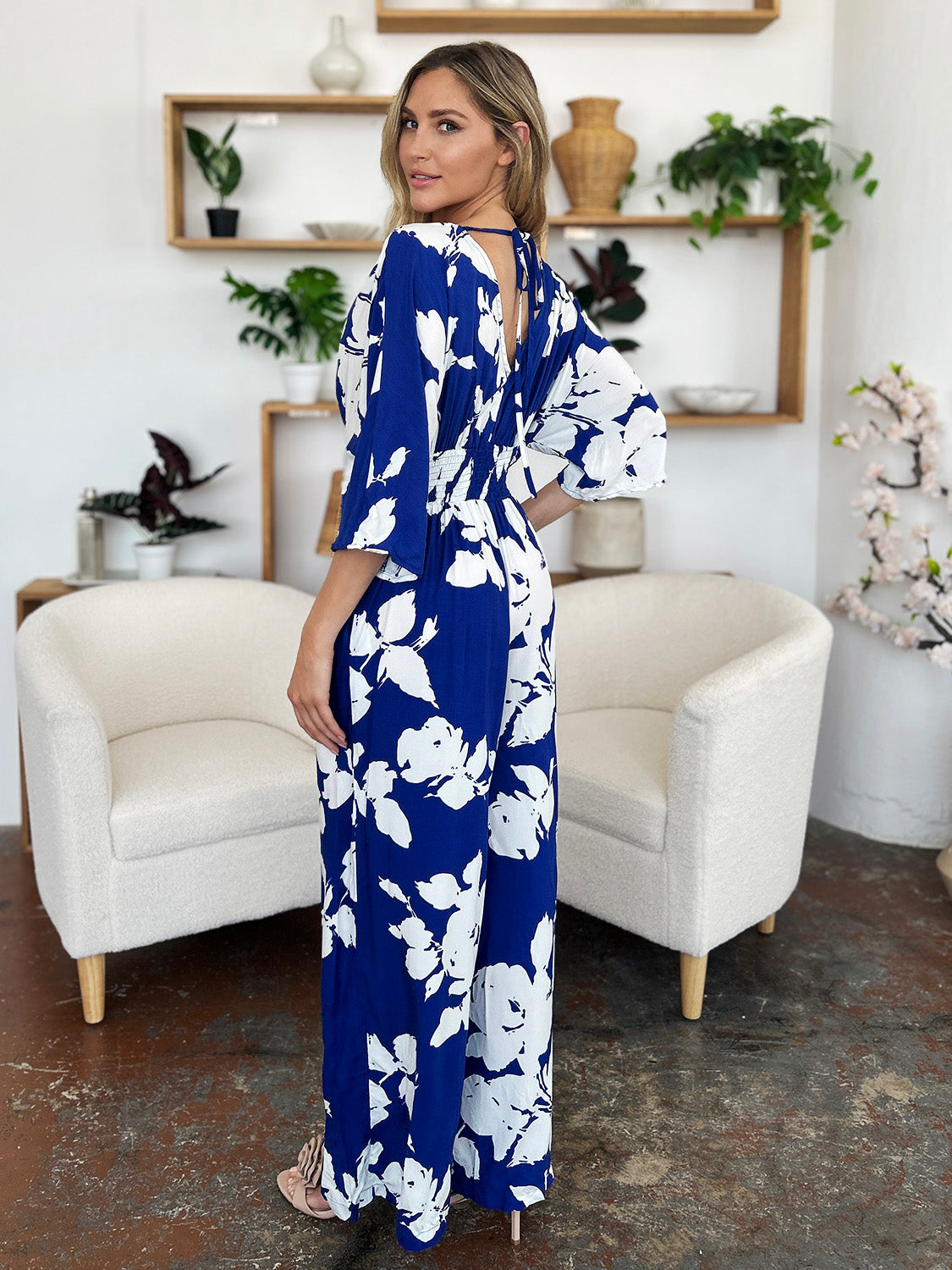 Double Take Full Size Printed Tie Back Wide Leg Jumpsuit - The Ruffled Bull Boutique