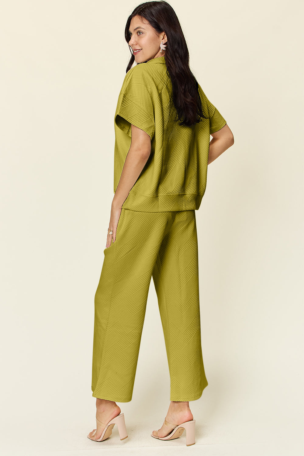 Double Take Full Size Texture Half Zip Short Sleeve Top and Pants Set - The Ruffled Bull Boutique