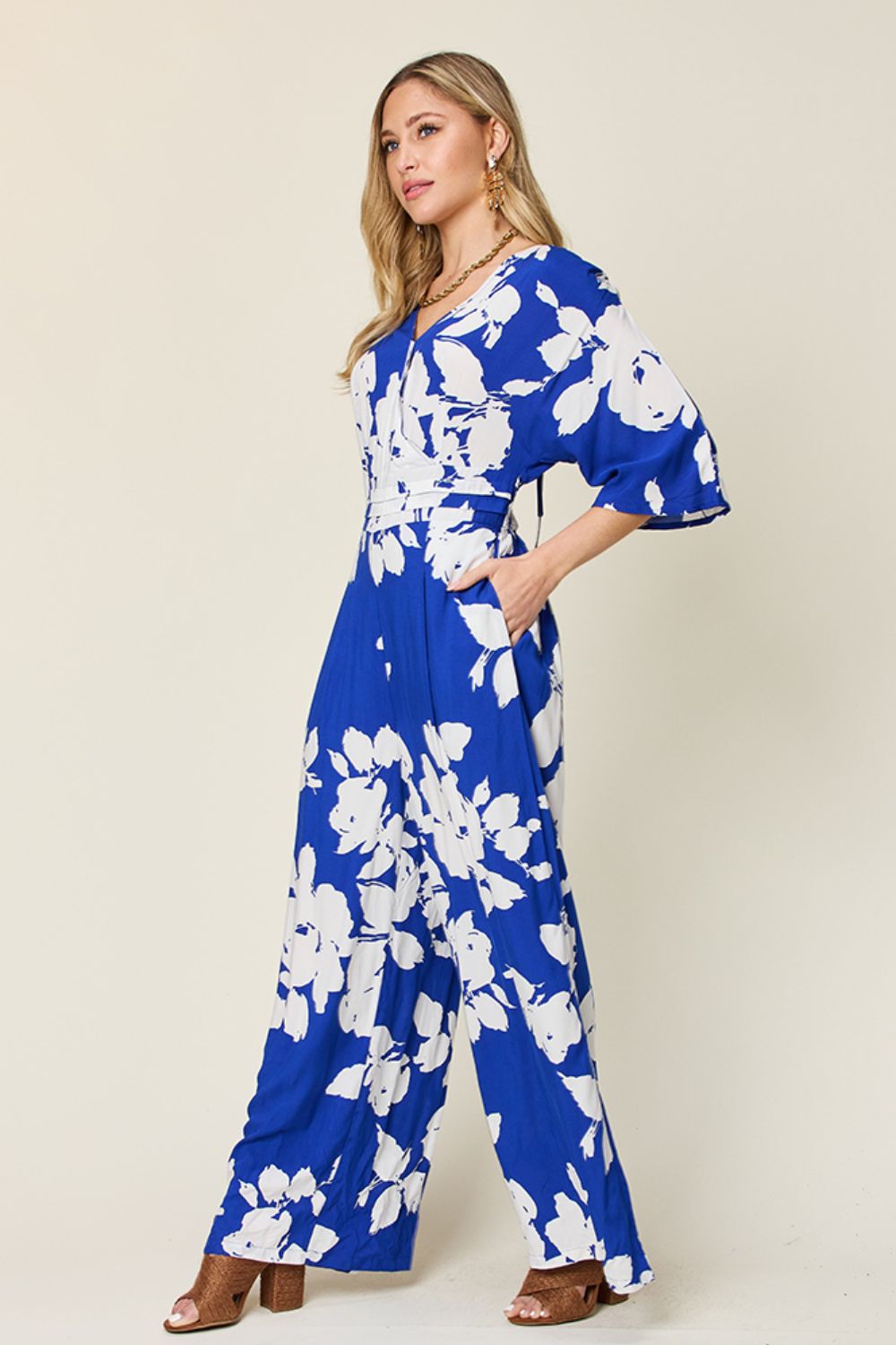 Double Take Full Size Printed Tie Back Wide Leg Jumpsuit - The Ruffled Bull Boutique