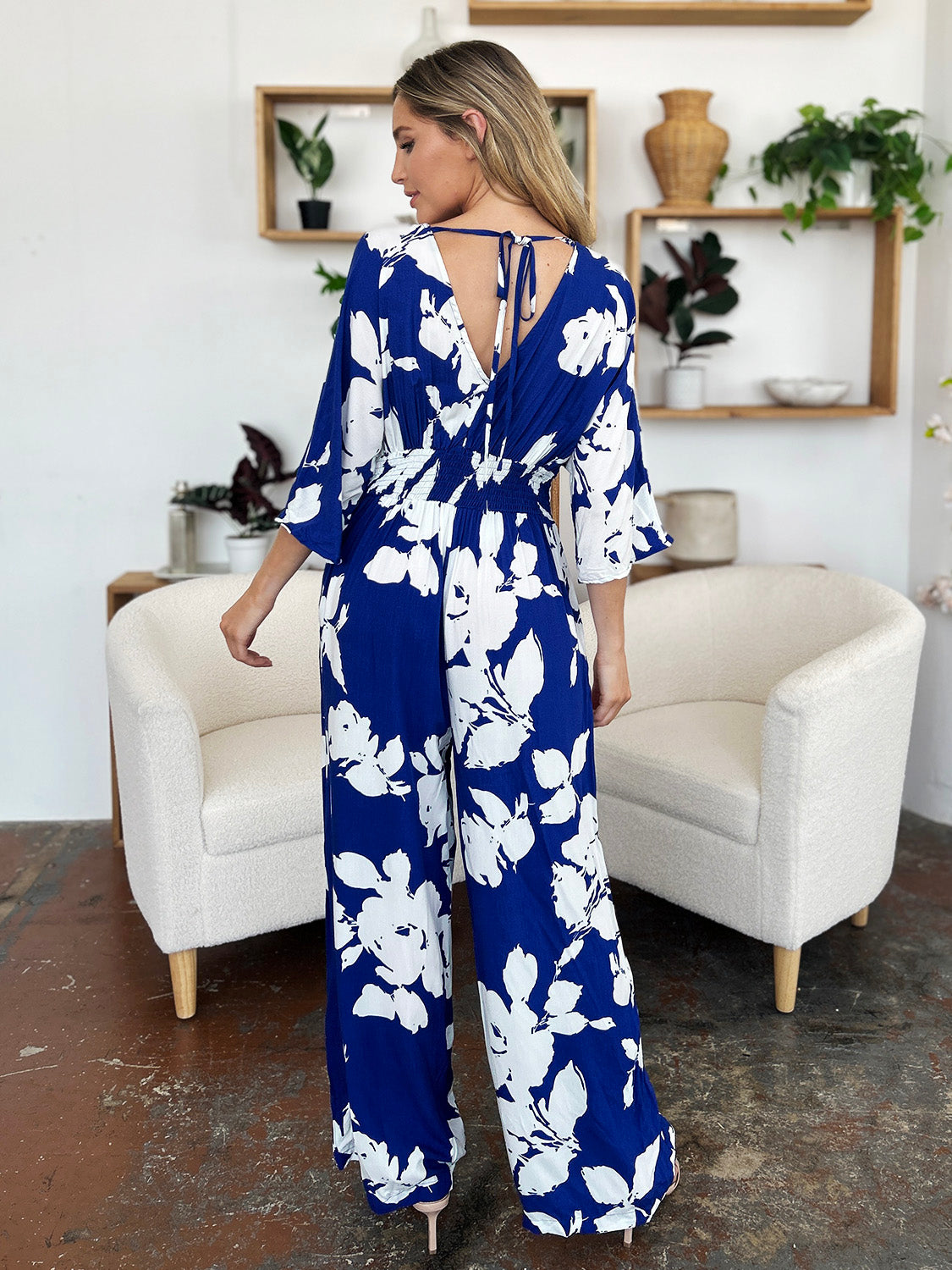 Double Take Full Size Printed Tie Back Wide Leg Jumpsuit - The Ruffled Bull Boutique