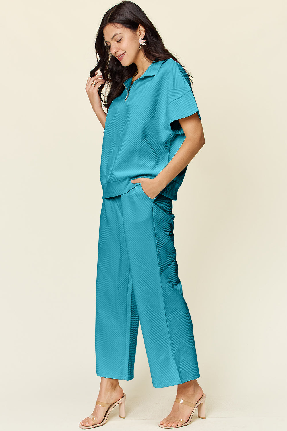 Double Take Full Size Texture Half Zip Short Sleeve Top and Pants Set - The Ruffled Bull Boutique