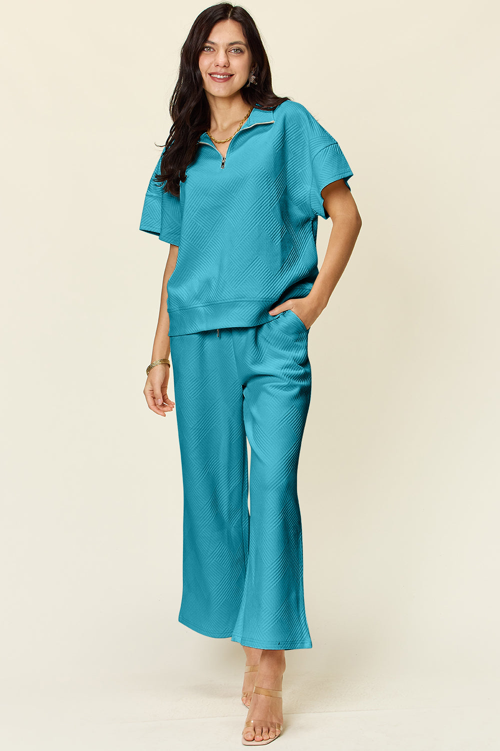 Double Take Full Size Texture Half Zip Short Sleeve Top and Pants Set - The Ruffled Bull Boutique