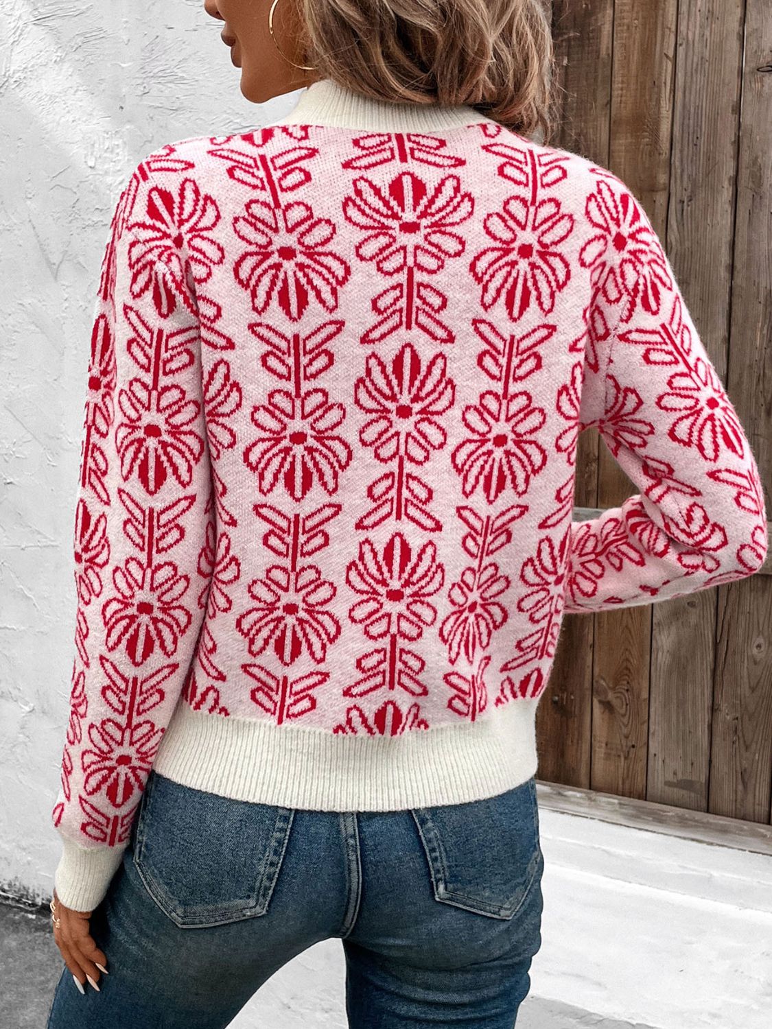 Perfee Flower Round Neck Long Sleeve Sweater - The Ruffled Bull Boutique