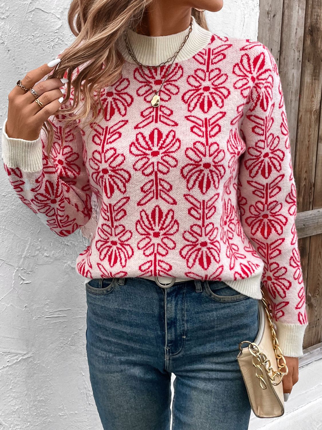Perfee Flower Round Neck Long Sleeve Sweater - The Ruffled Bull Boutique