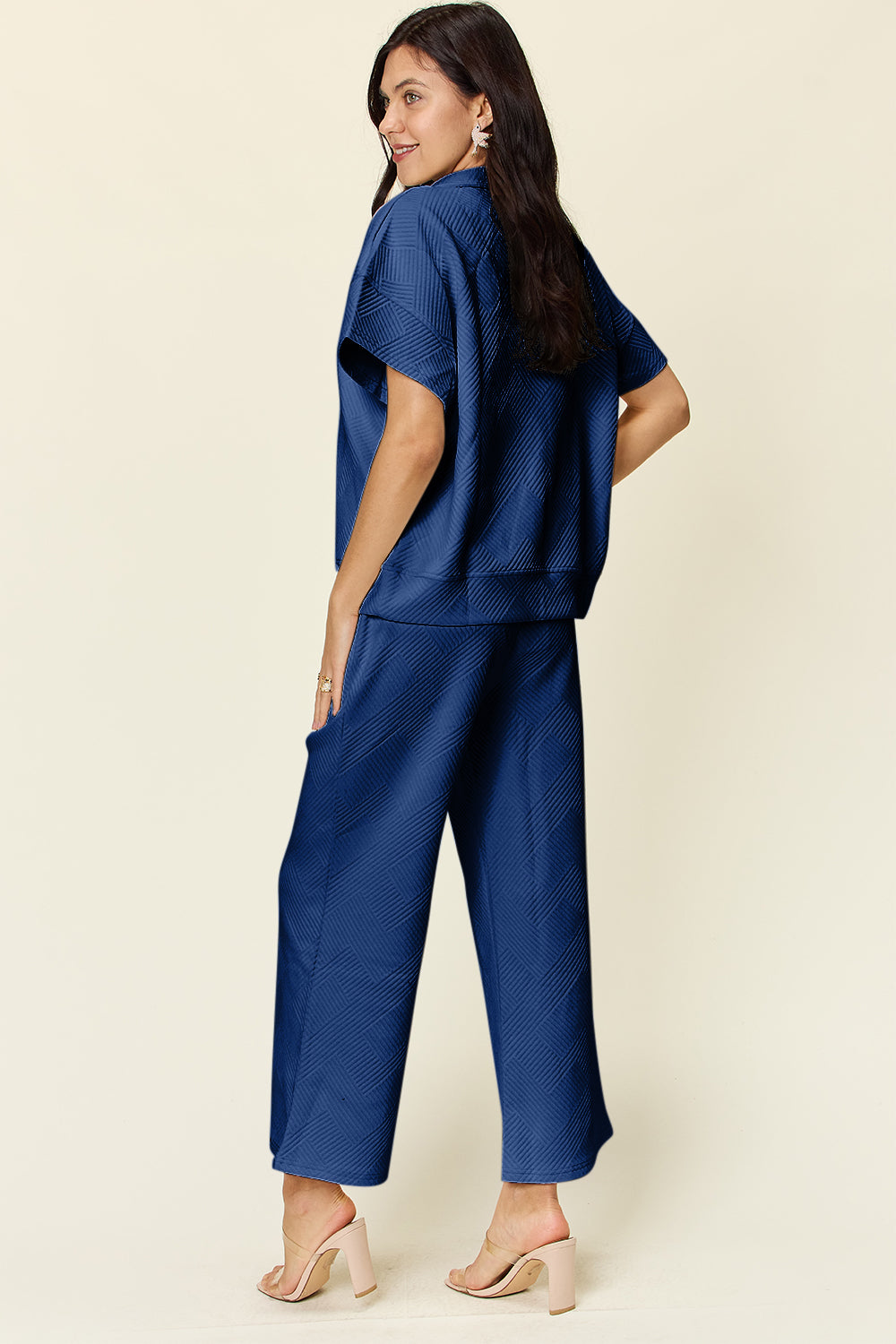 Double Take Full Size Texture Half Zip Short Sleeve Top and Pants Set - The Ruffled Bull Boutique