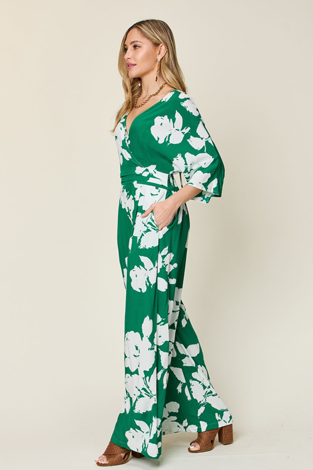 Double Take Full Size Printed Tie Back Wide Leg Jumpsuit - The Ruffled Bull Boutique