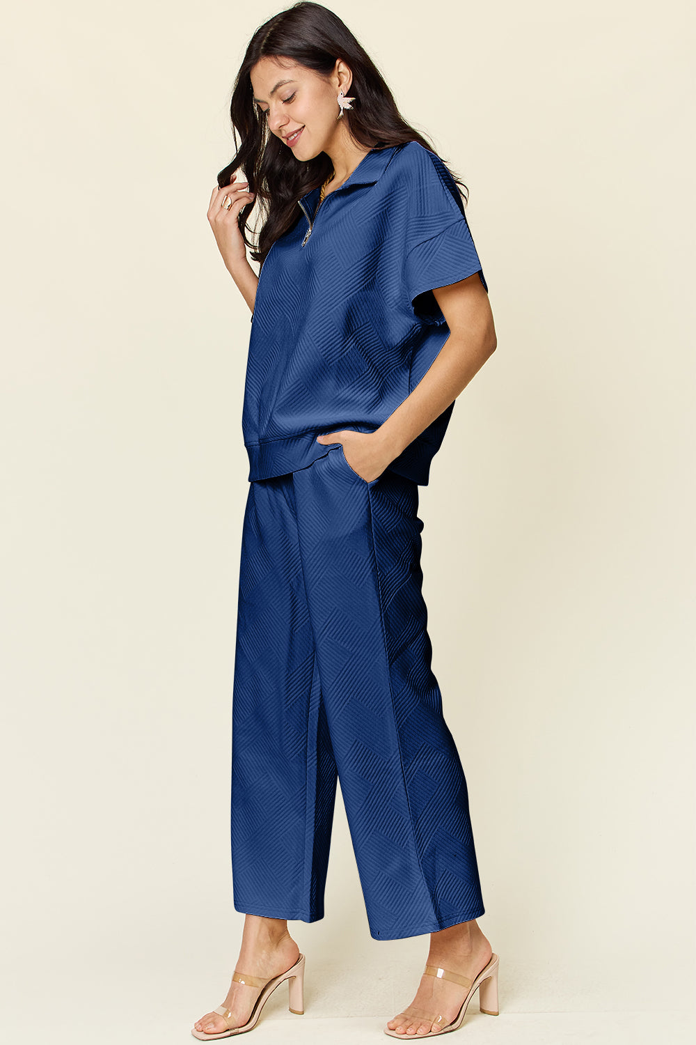 Double Take Full Size Texture Half Zip Short Sleeve Top and Pants Set - The Ruffled Bull Boutique
