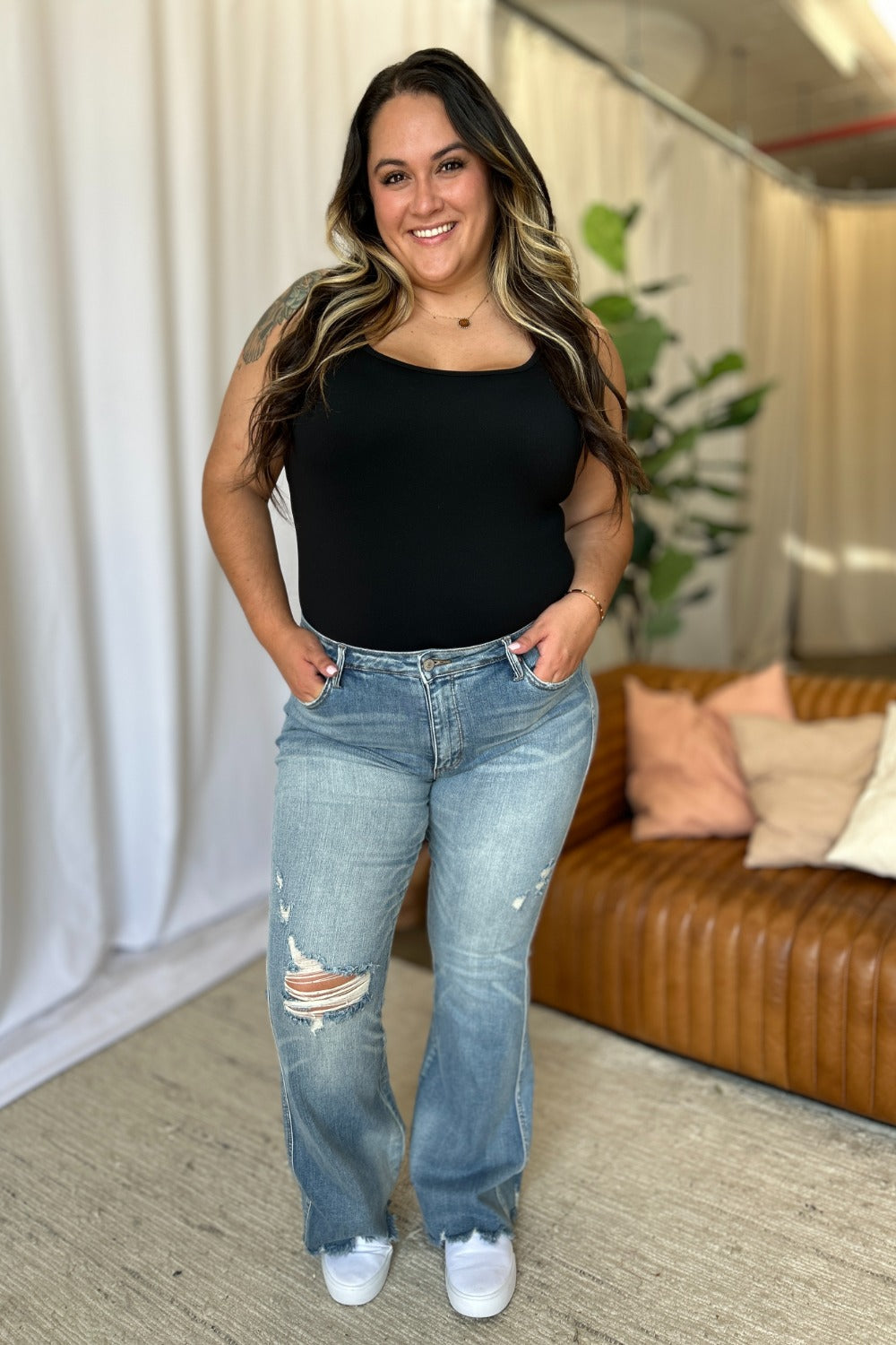 Judy Blue Full Size Medium Rise Tummy Control Destroy Flare - The Ruffled Bull Boutique